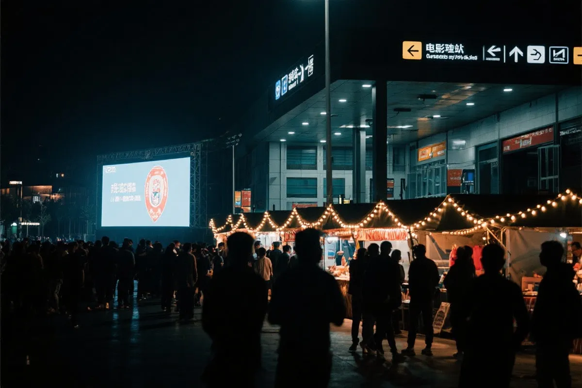 费城球迷广场夜景：大屏观赛人群、步行指示牌与公共交通入口